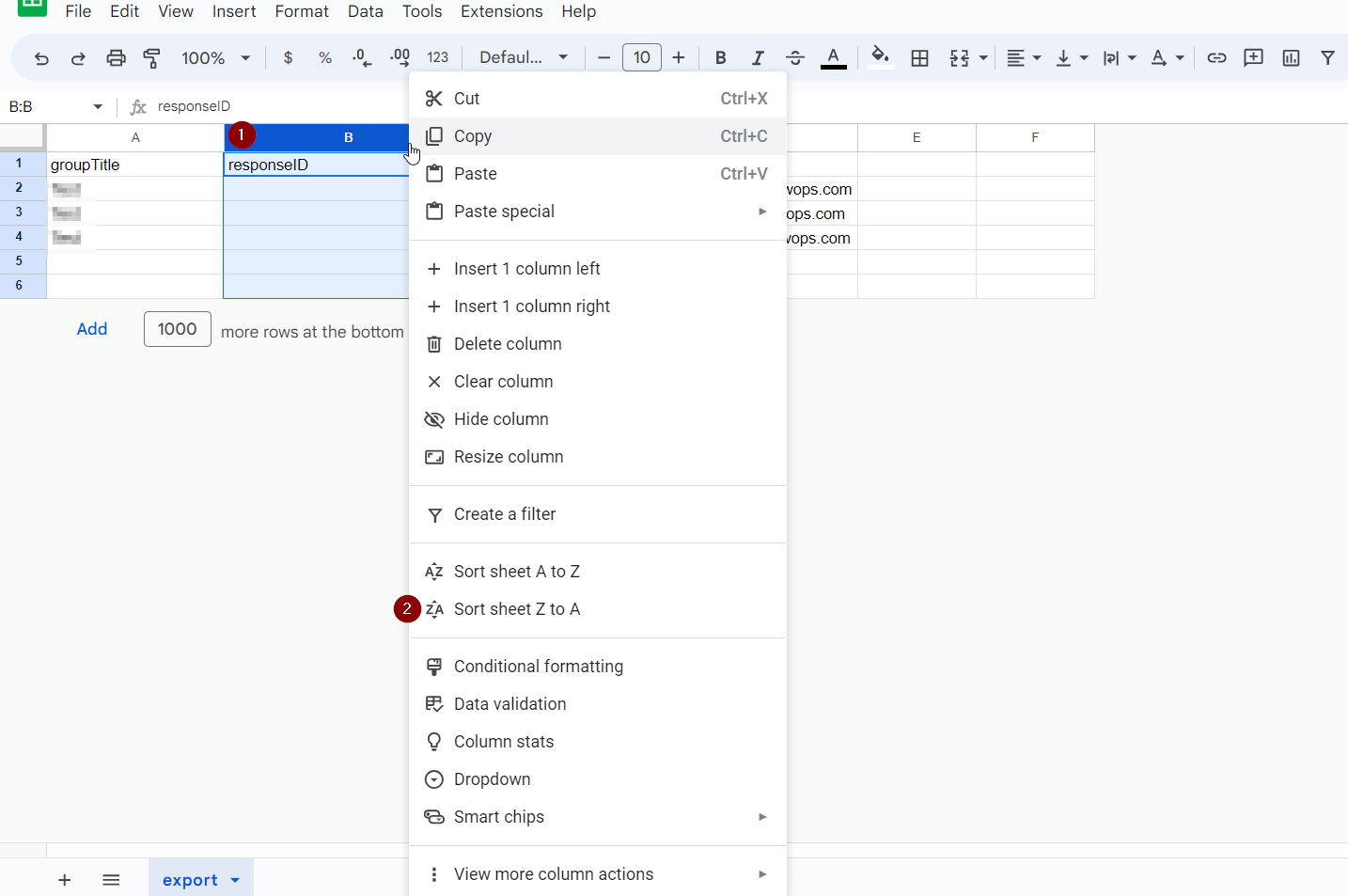 1. Right click column header, 2. Select Sort Z-A